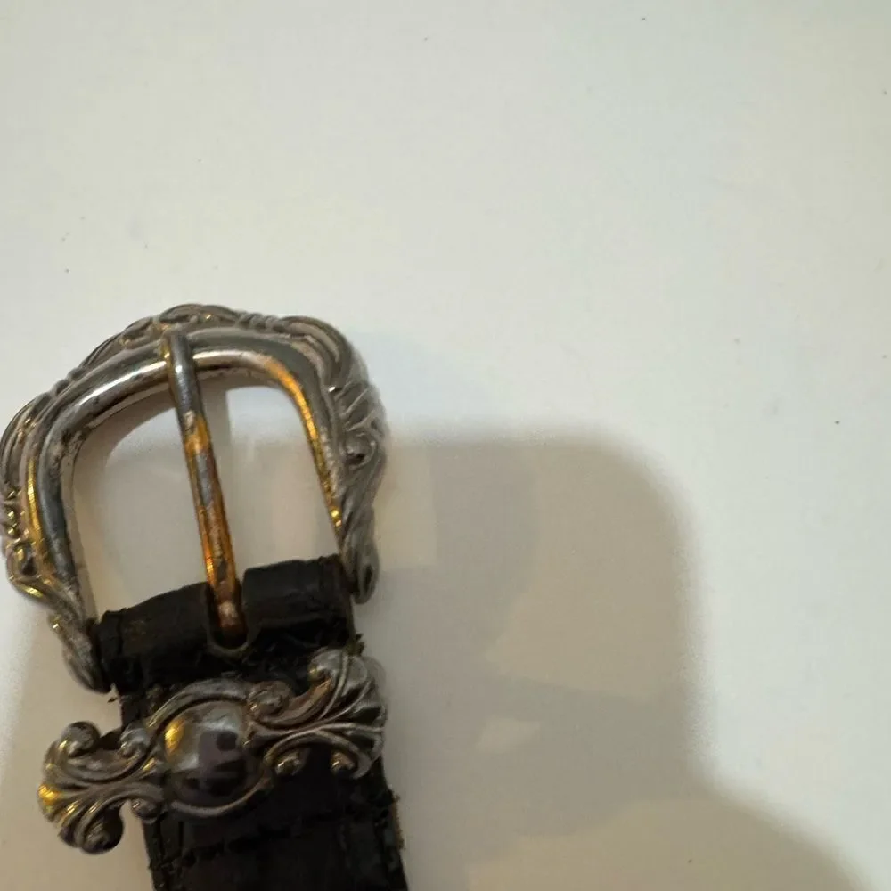 Enmon Belts Black Embossed Italian Leather Belt Silver Tone  sz Small